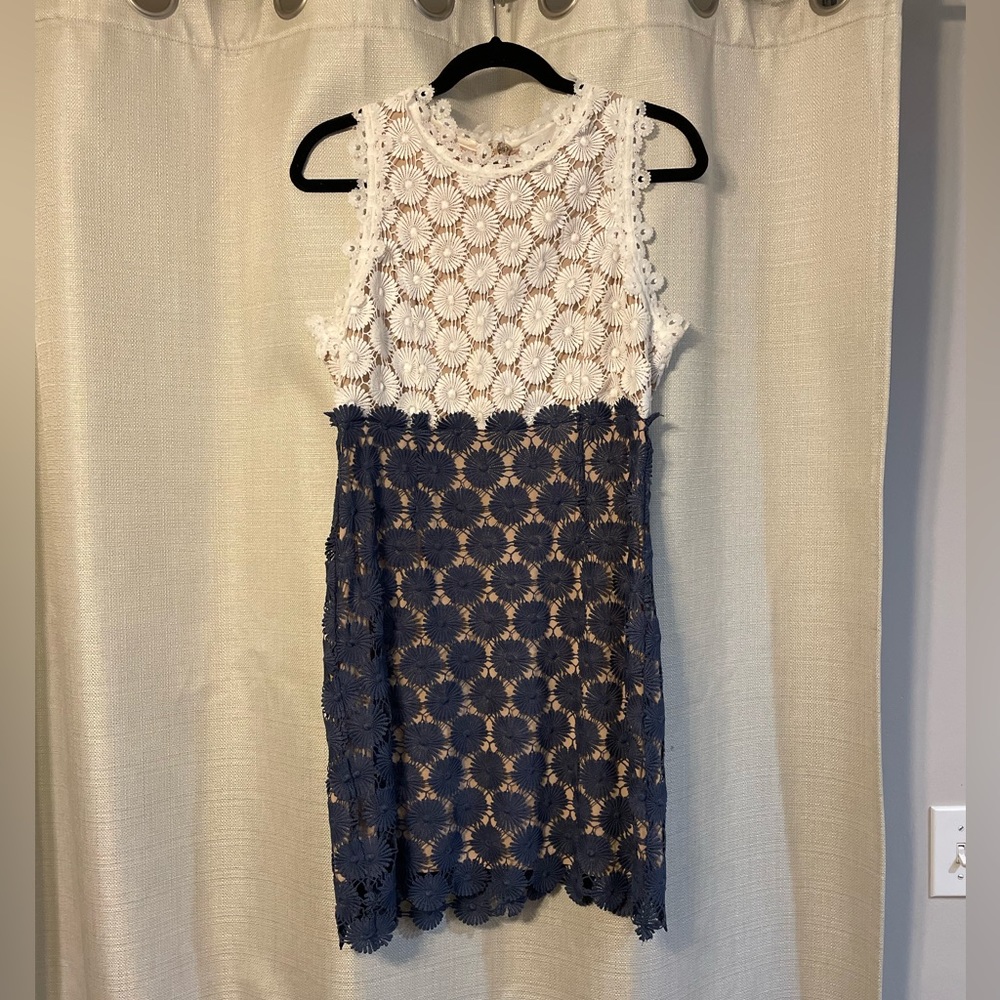 NWT. Color Block Lace Dress, Blue & White